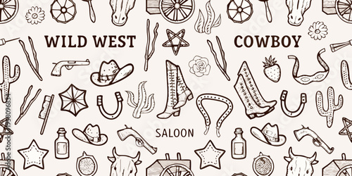 Vintage wild west themed pattern with cowboy and saloon elements