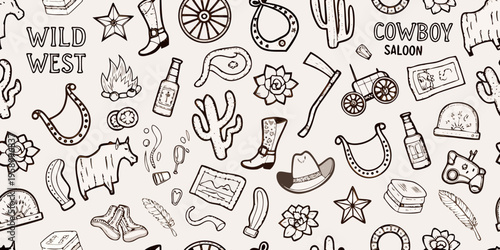 A vintage hand drawn pattern of western and cowboy themed elements