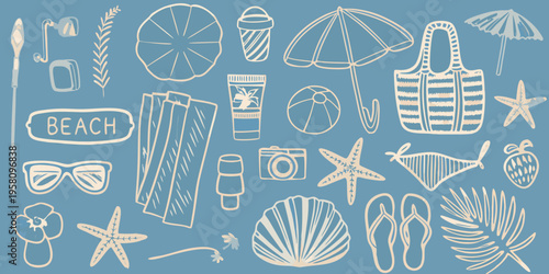 A collection of hand drawn summer icons on a blue background