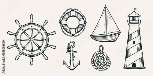 Nautical themed sketch featuring a ship s wheel lighthouse and sailing vessel