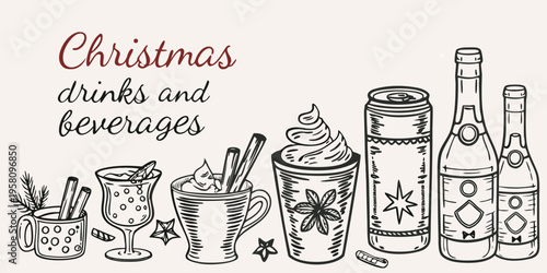 Festive illustration of christmas drinks and various beverages in sketch style