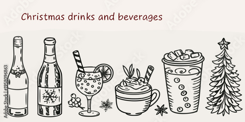 Hand drawn illustration of festive christmas drinks and a small tree