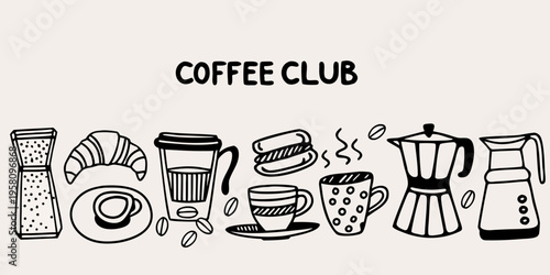 A charming doodle illustration depicting a coffee club with various items