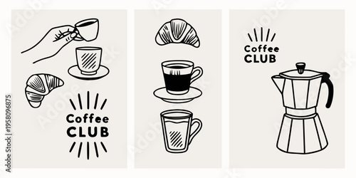 Minimalist coffee and pastry illustrations arranged in a triptych format