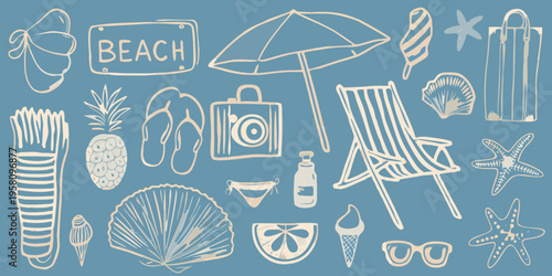 A collection of hand drawn beach themed icons and summer vacation elements
