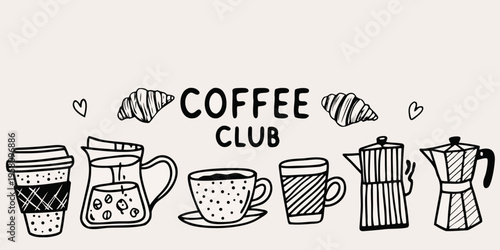 A hand drawn illustration of coffee drinks croissants and the text coffee club