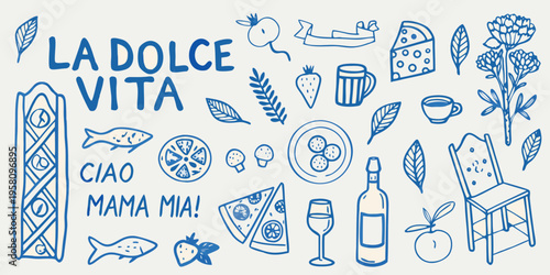 La Dolce Vita An Italian themed doodle illustration with food and objects