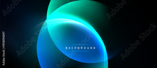 Abstract design features overlapping luminous circles. Gradient colors shift from turquoise to deep blue. Minimalist aesthetic, dark background.