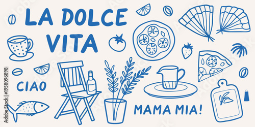 Italian summer themed doodle illustration with food drink and leisure items