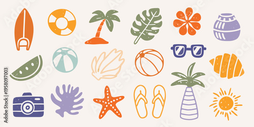 A colorful collection of summer themed illustrations and beach accessories