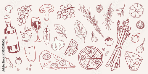 A hand drawn collection of food and drink items in reddish brown tones