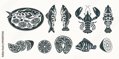 Vintage style seafood illustration featuring fish lobster and lemon slices