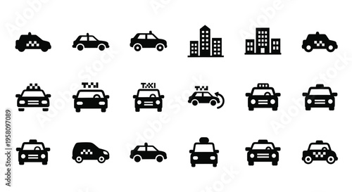 Cab and taxi transportation icon set featuring different car profiles and front views for city transit services and mobile hailing applications in solid black vector graphics for professional design