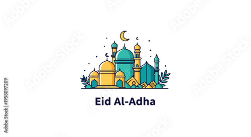 Vibrant Eid Al-Adha mosque illustration with crescent moon and stars