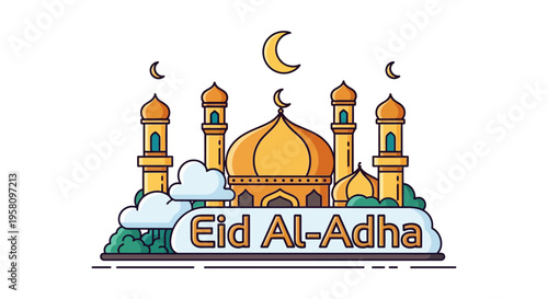 Vibrant Eid Al-Adha Islamic Celebration with Golden Mosques and Crescent Moons