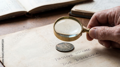 Money Passive income due diligence concept with magnifying glass inspecting coin paper symbolizing money and financial planning for wealth growth