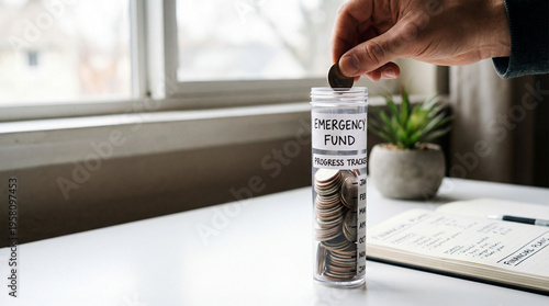 Money Saving money for emergency fund progress tracker jar with coins and hand putting coin in clear container on table