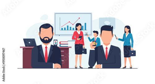 Business professionals in a modern office collaborate around a screen displaying financial analytics and growth charts