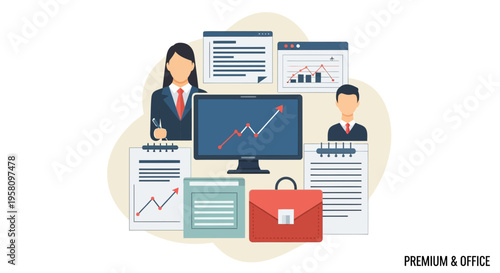 Business team analyzing financial data and charts on a computer monitor and documents for strategic growth