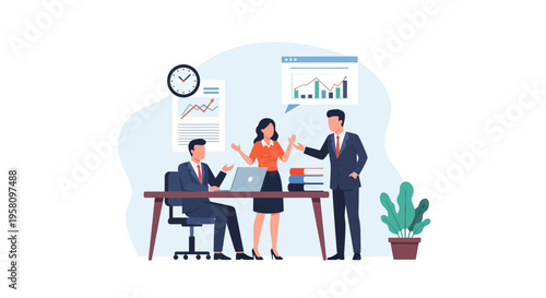 Business team collaborating in an office setting with data charts and analytics