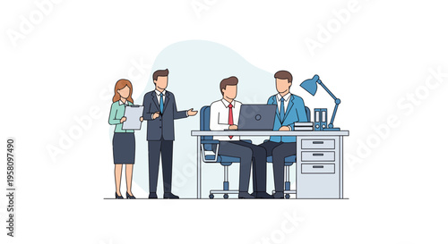 Business team collaborating in an office setting with a laptop and desk