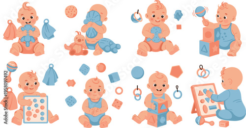 Cute baby activities set with toys blocks and early learning games, toddler development and playtime cartoon characters flat vector illustration collection