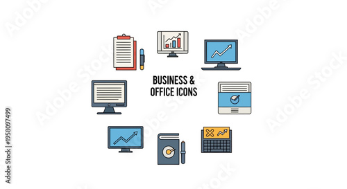 Collection of Business and Office Icons featuring Data Analysis, Computers, and Documents