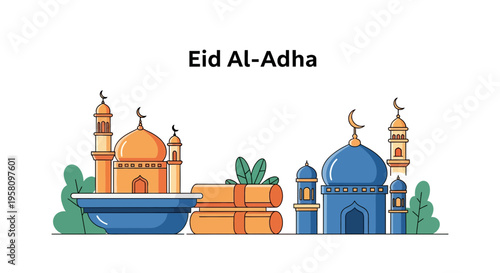Eid Al-Adha Islamic Celebration with Mosques and Gifts on Transparent Background