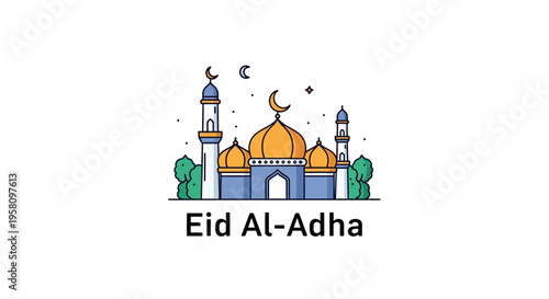 Eid Al-Adha mosque illustration with moons and stars, celebrating Islamic holiday