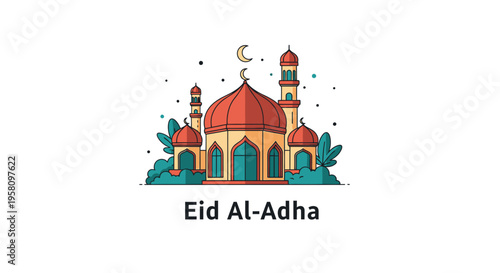 Festive Eid Al-Adha greeting featuring a stylized mosque and crescent moon illustration