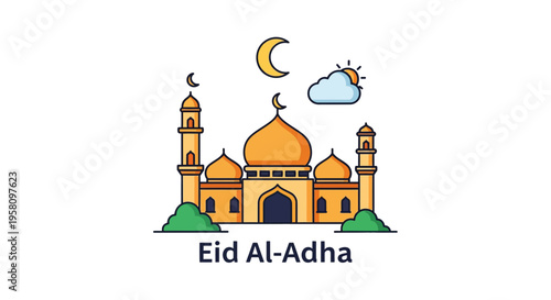 Festive Eid Al-Adha celebration with a vibrant mosque, crescent moon, and sunny sky