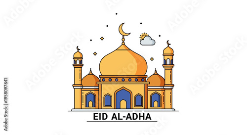 Illustrated mosque with crescent moon and sun for Eid Al Adha celebration
