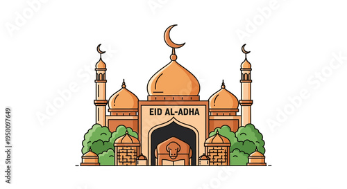 Illustrative depiction of a grand mosque adorned with crescent moons and minarets, celebrating Eid Al-Adha with festive greenery and religious symbolism