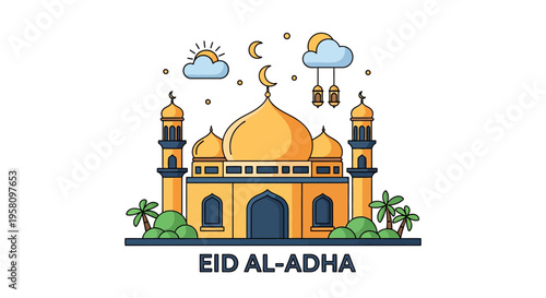 Illustrative Mosque with Islamic Symbols Celebrating Eid Al Adha with Palms and Lanterns