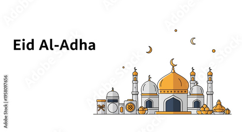 Islamic Eid Al Adha festival with mosques, gifts, and crescent moon illustration
