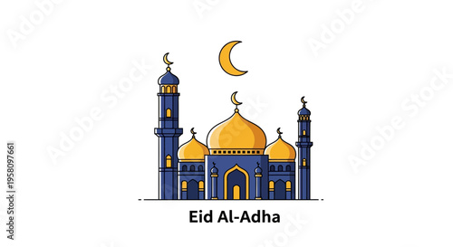 Islamic Eid Al Adha festival mosque and crescent moon illustration representing a religious celebration