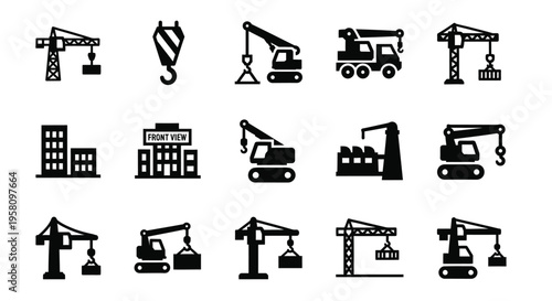 Industrial construction crane and hoist icon set, heavy lifting machinery silhouettes on white background, building equipment vector illustration for factory and engineering projects