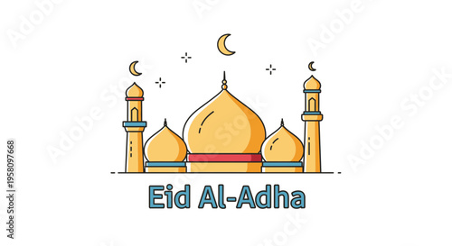Islamic Eid Al-Adha Celebration with Mosque, Crescent Moon and Stars