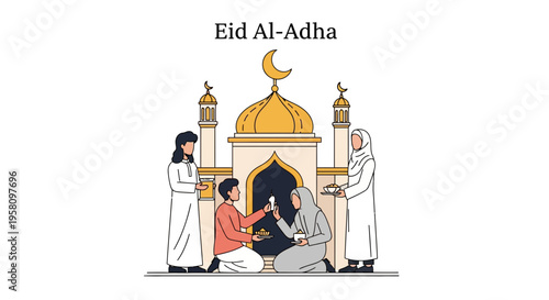 Islamic family celebrating Eid Al-Adha with mosque and moon graphic