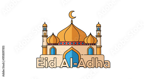Stylized Eid Al-Adha Mosque Design with Crescent Moon and Minarets