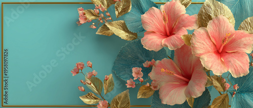 Luxury Coral Hibiscus Floral Frame Background with Teal Leaves and Copy Space