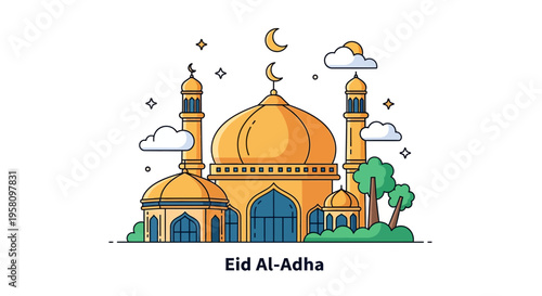Stylized Golden Mosque with Crescent Moon and Stars, Evoking Eid Al-Adha Celebrations