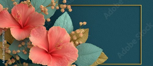 Luxury Coral Hibiscus Floral Frame Background with Teal Leaves and Copy Space
