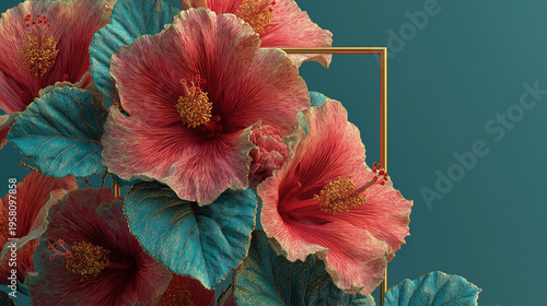 Luxury Coral Hibiscus Floral Frame Background with Teal Leaves and Copy Space