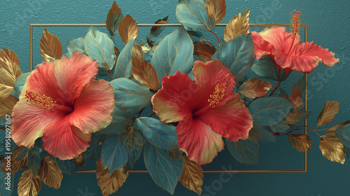 Luxury Coral Hibiscus Floral Frame Background with Teal Leaves and Copy Space