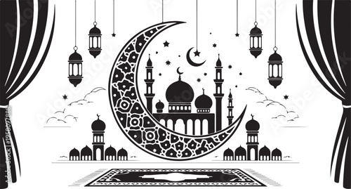 ramadan kareem illustration with mosque and crescent moon and stars and lanterns