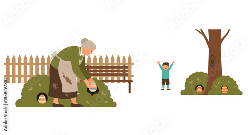 Grandma Hiding Easter Eggs Backyard Garden Flat Vector Scene