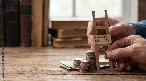 Money Upward mobility concept with money stacks and paper ladder held by hands on wooden table showing financial growth and success