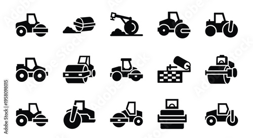 Paving machine icons set for road construction featuring various asphalt rollers soil compactors and heavy engineering equipment used for building highways streets and smooth pavement infrastructure