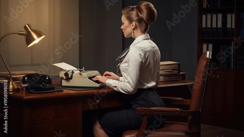 Woman typing on vintage typewriter at desk